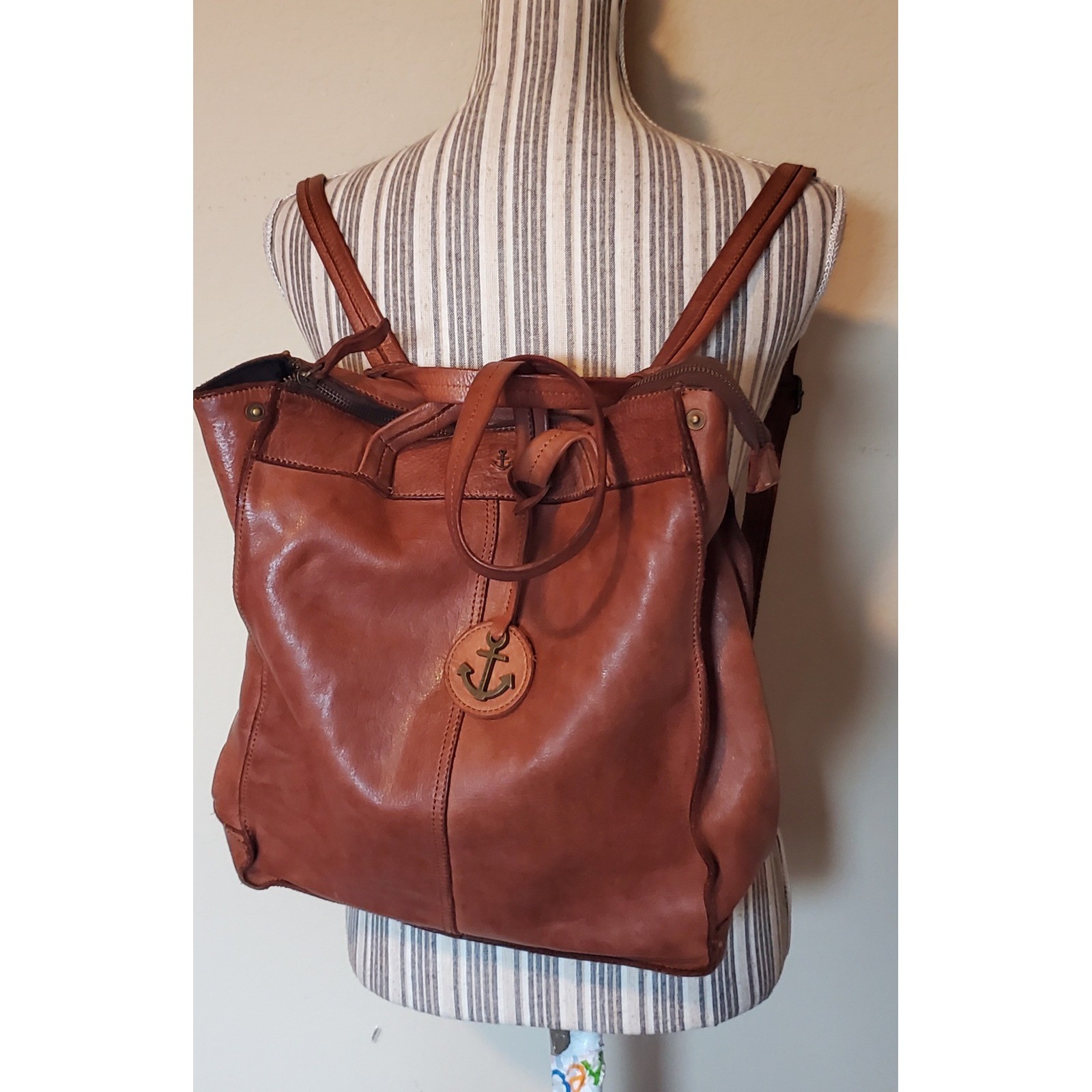 Harbour 2nd Cognac Brown Leather Convertible Backpack Tote Anchor Logo Bag