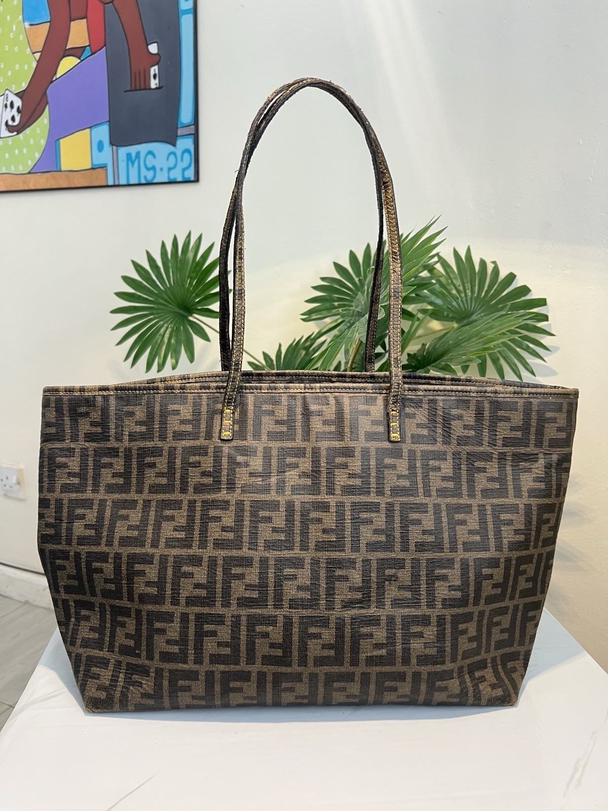 Fendi Roll Tote Bag Zucca Monogram FF Canvas Brown Leather Handbag Shopper