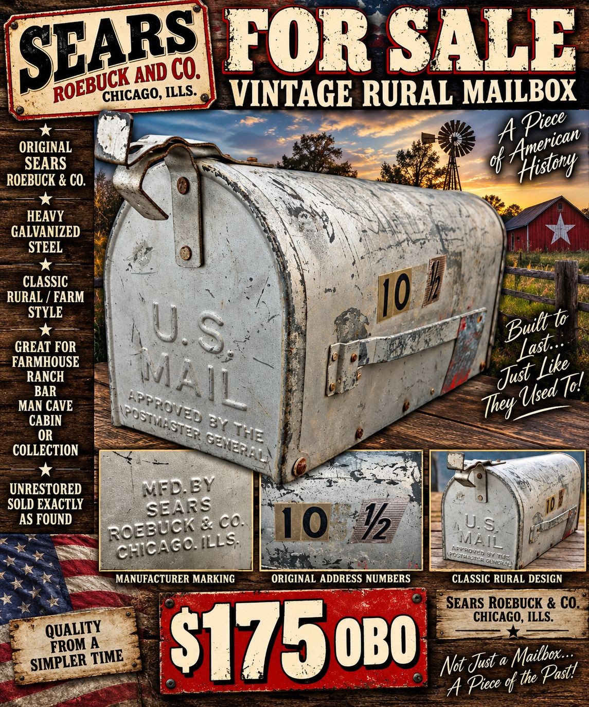 VINTAGE SEARS ROEBUCK & CO. GALVANIZED RURAL MAILBOX FARM