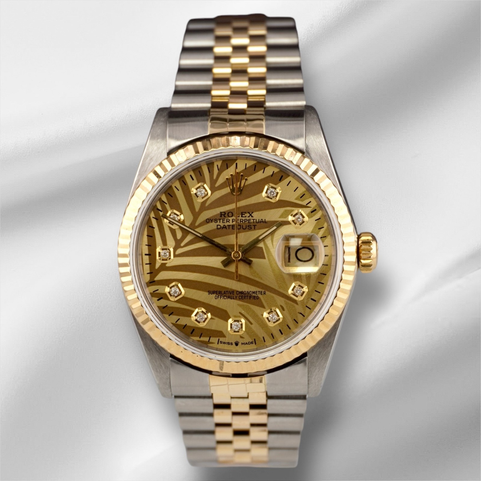 Rolex Datejust 36mm Yellow Gold Palm Motif Diamond Dial Jubilee Watch 16013