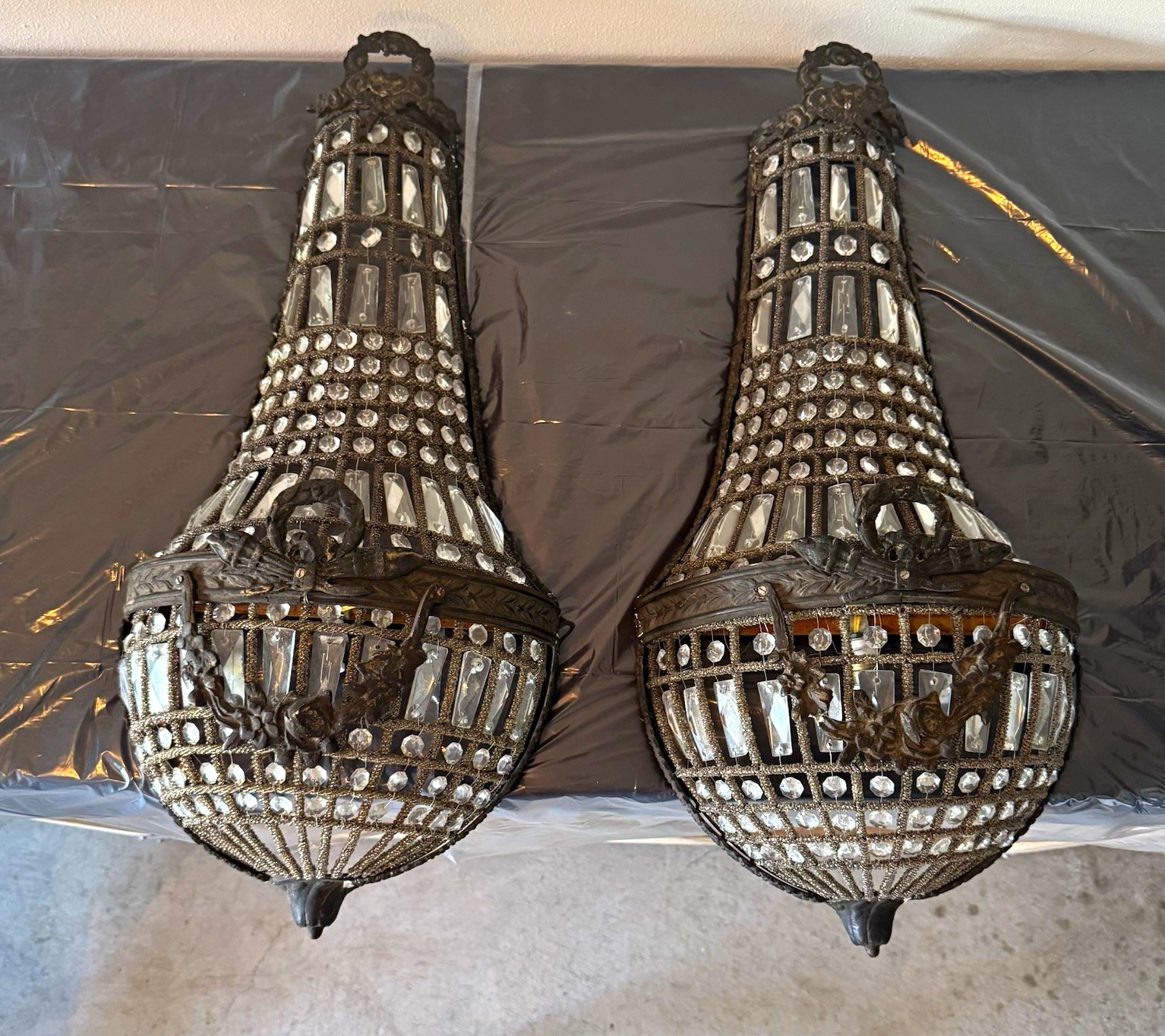 Antique French Empire Style Crystal Beaded Basket Wall Sconces-Matching Pair