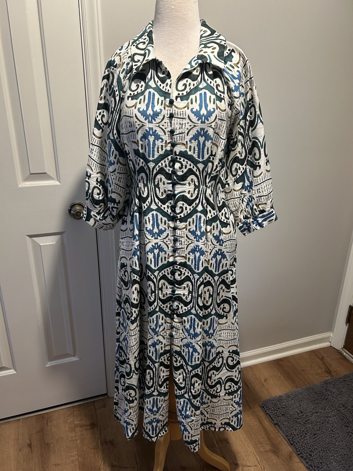 Gigio by Umgee Teal Mixed Printed Shirt Dress w/ Pleated Waist Balloon Sleeves