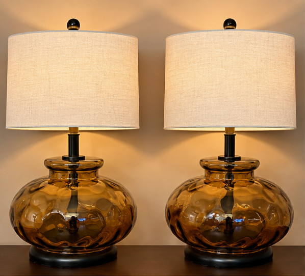 MCM Pair of Vintage Amber Glass Table Lamps – (Shades NOT Included)