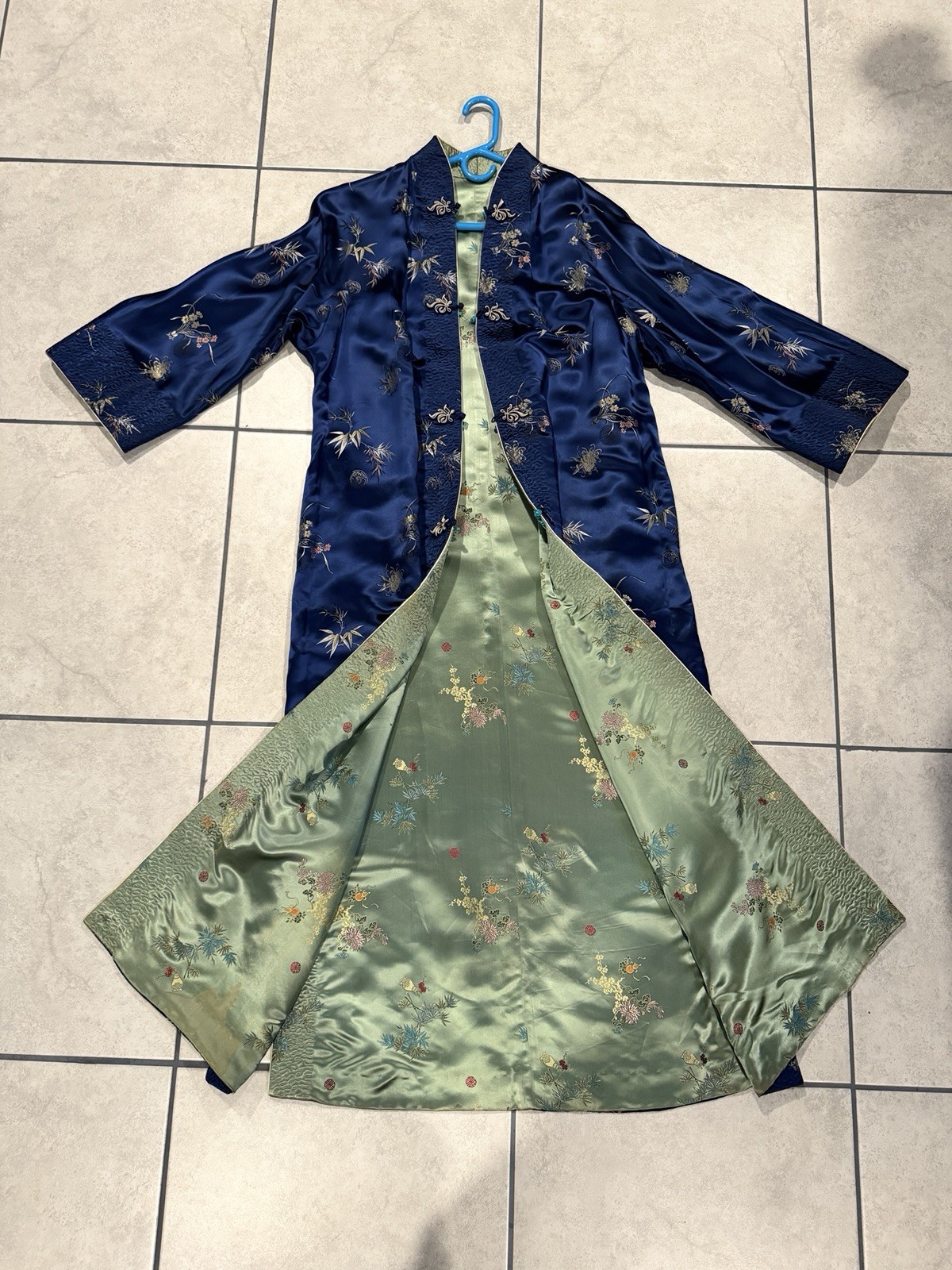 Vintage Chinese Reversible Silk Embroidered Robe Evening Coat Blue Green 56\