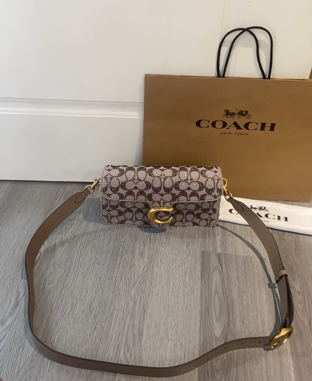 Coach Tabby Shoulder Bag 26 Crystal Signature Jacquard CDZ34 Mushroom Charm NWT