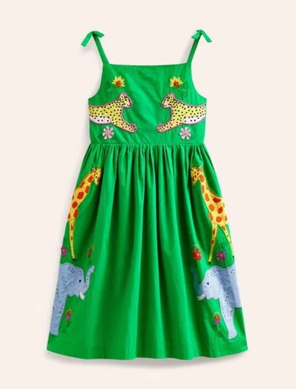 Mini Boden Girls Toddler Safari Cotton Green Applique Dress, Size 4/5Y Mini Boden Girls Toddler Safari Cotton Green Applique Dress, Size 4/5Y