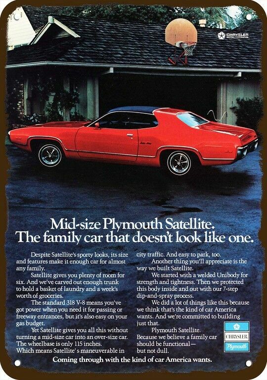 1972 PLYMOUTH Satellite 318 V-8 Car Vintage-Look DECORATIVE REPLICA METAL SIGN 1972 PLYMOUTH Satellite 318 V-8 Car Vintage-Look DECORATIVE REPLICA METAL SIGN
