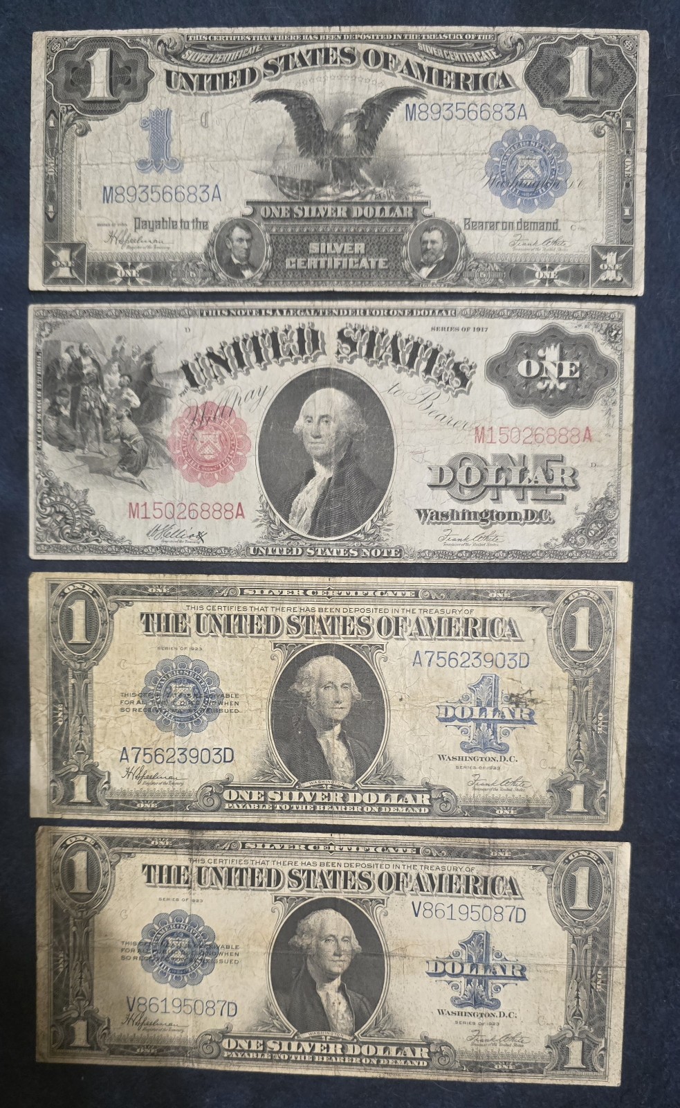 Lot of 4 Large Size US Paper Money - 1899 Black Eagle, 1917 $1, 1923 $1 (x2) RAW