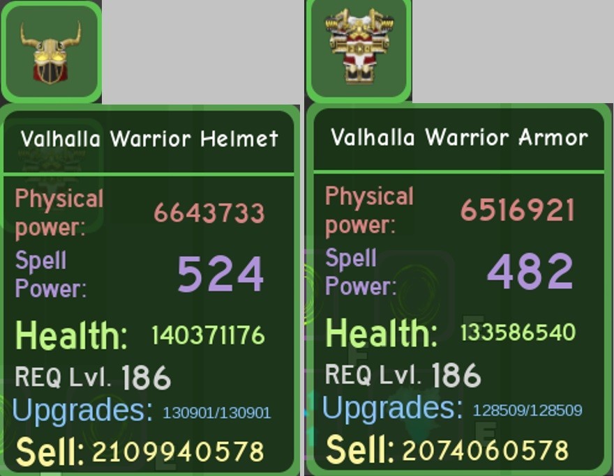 Dungeon Quest Reborn 🌟 Lvl 186 Valhalla Warrior Set ( Green Good Pot )