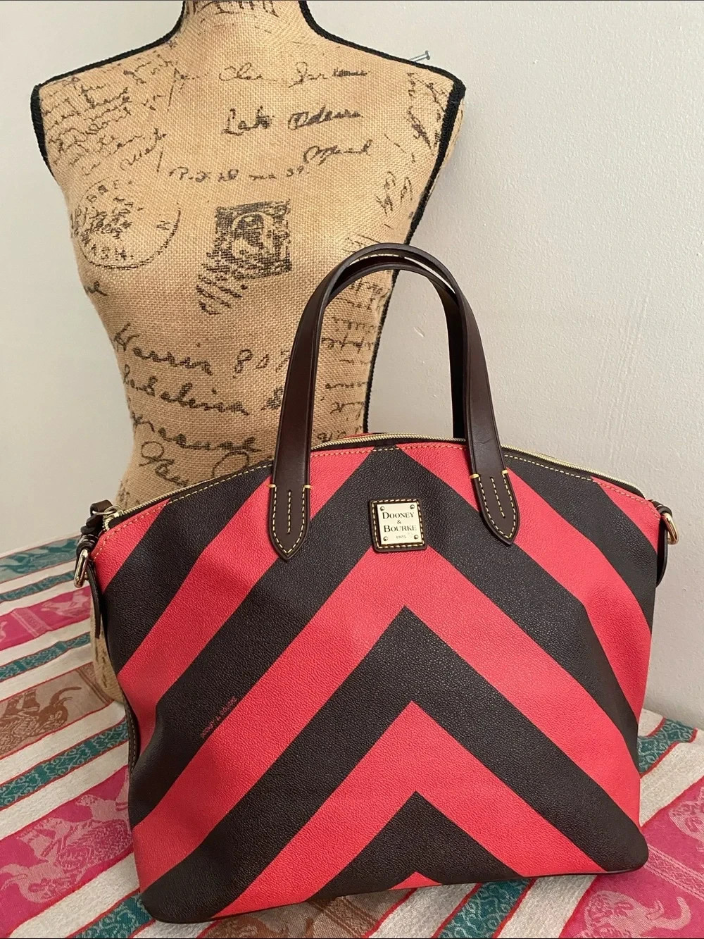 Dooney & Bourke Large Chevron Gabriela Satchel In Red and Espresso Pebbled Grain