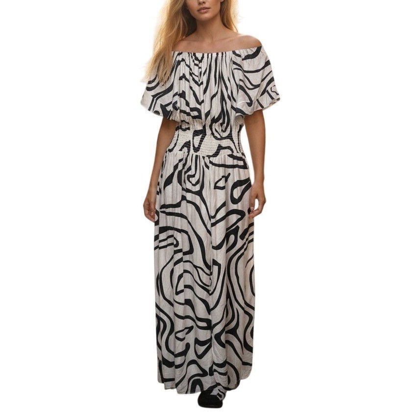 Anthro Kindred Jumpsuit Medium White Navy Swirl Off Shoulder Smocked Waist