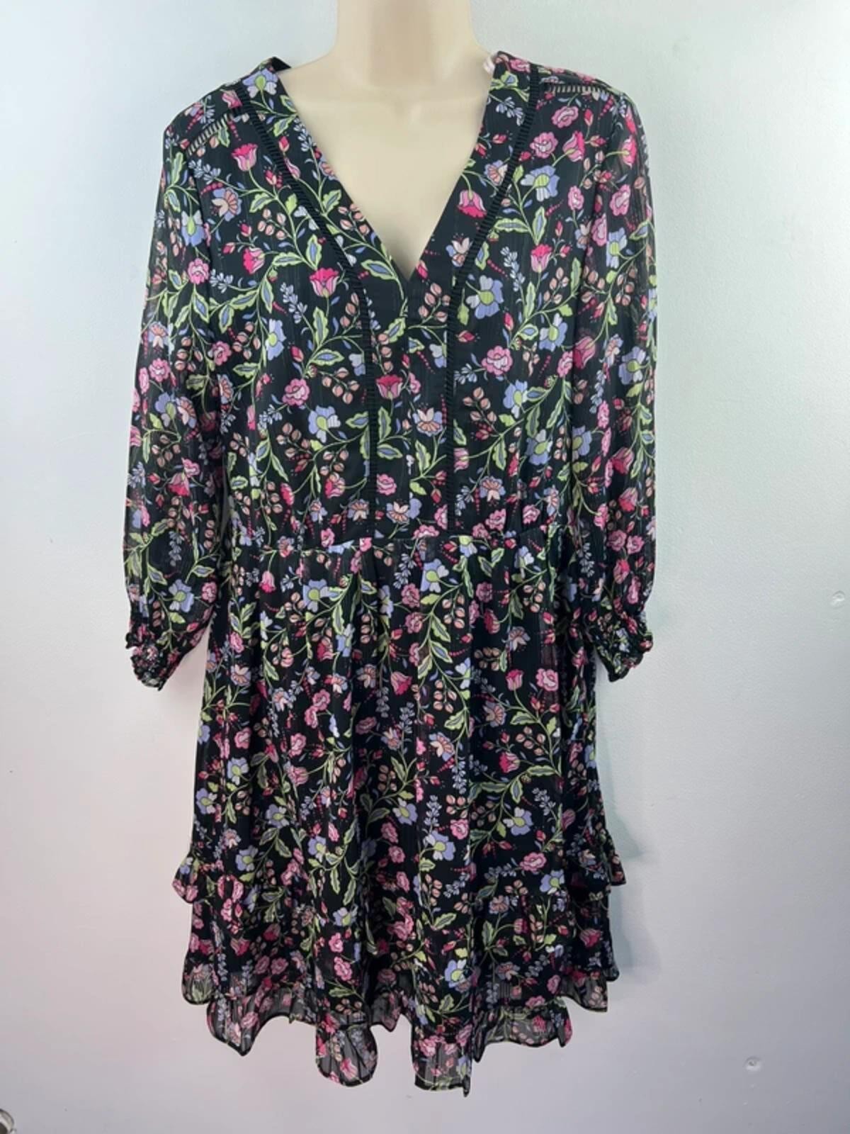 Nanette Lepore Floral Mini Dress Black Pink Boho Floaty Long Sleeve UK 10 D9