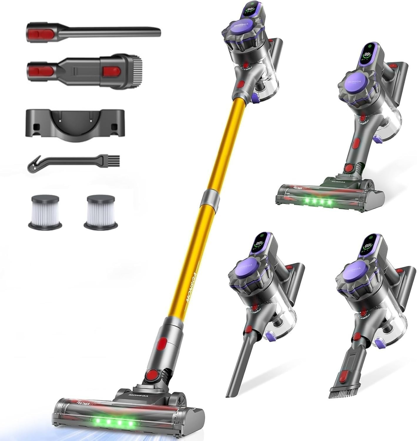 MONSGA Cordless Vacuum 45KPa 400W 50Min Anti-Tangle Charging Dock Pet Hair LED