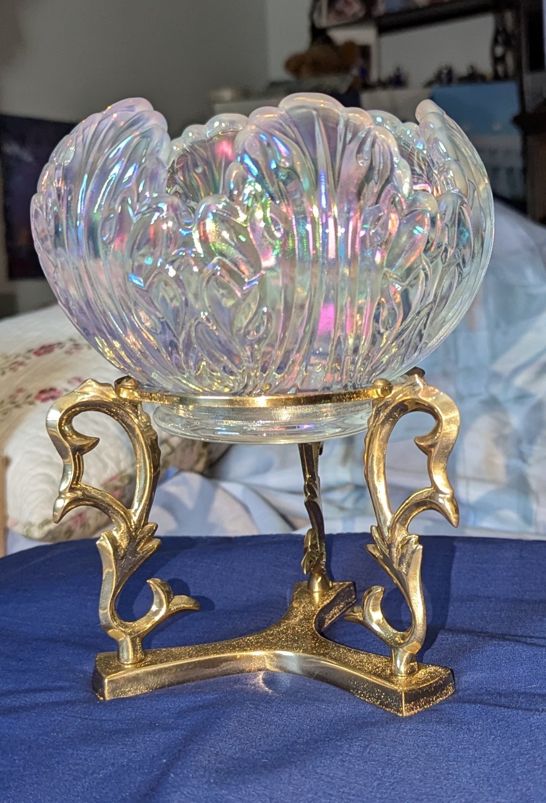 Vintage Fenton Empress Lotus French White Opalescent Rose Glass Bowl on Stand 