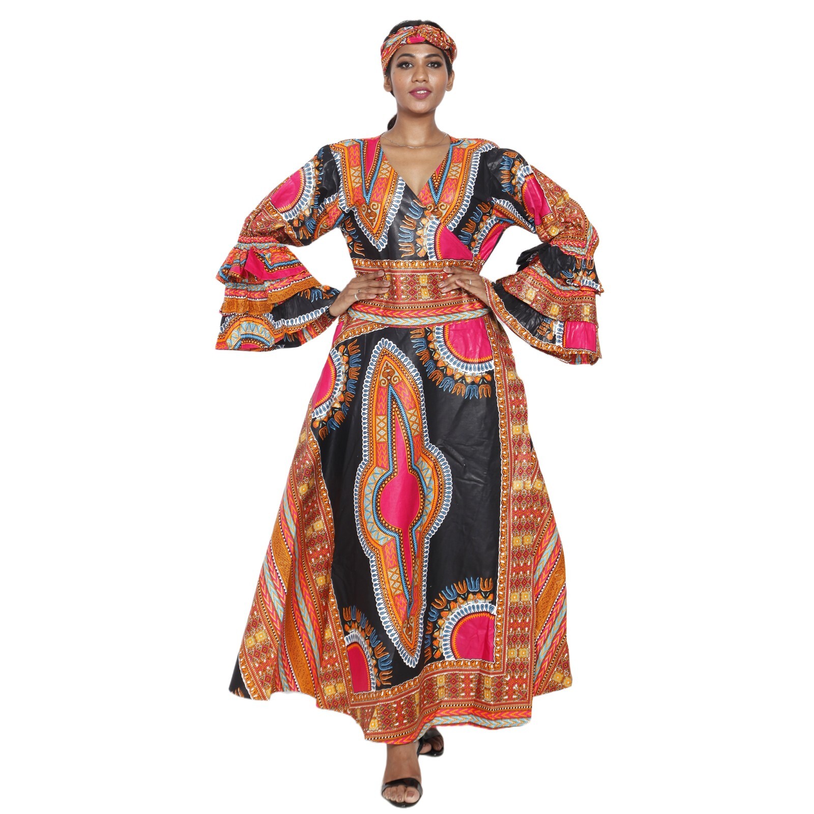 African Women\'s Dashiki Ruffle Sleeve Maxi Wrap Dress -- FI-D70 FS