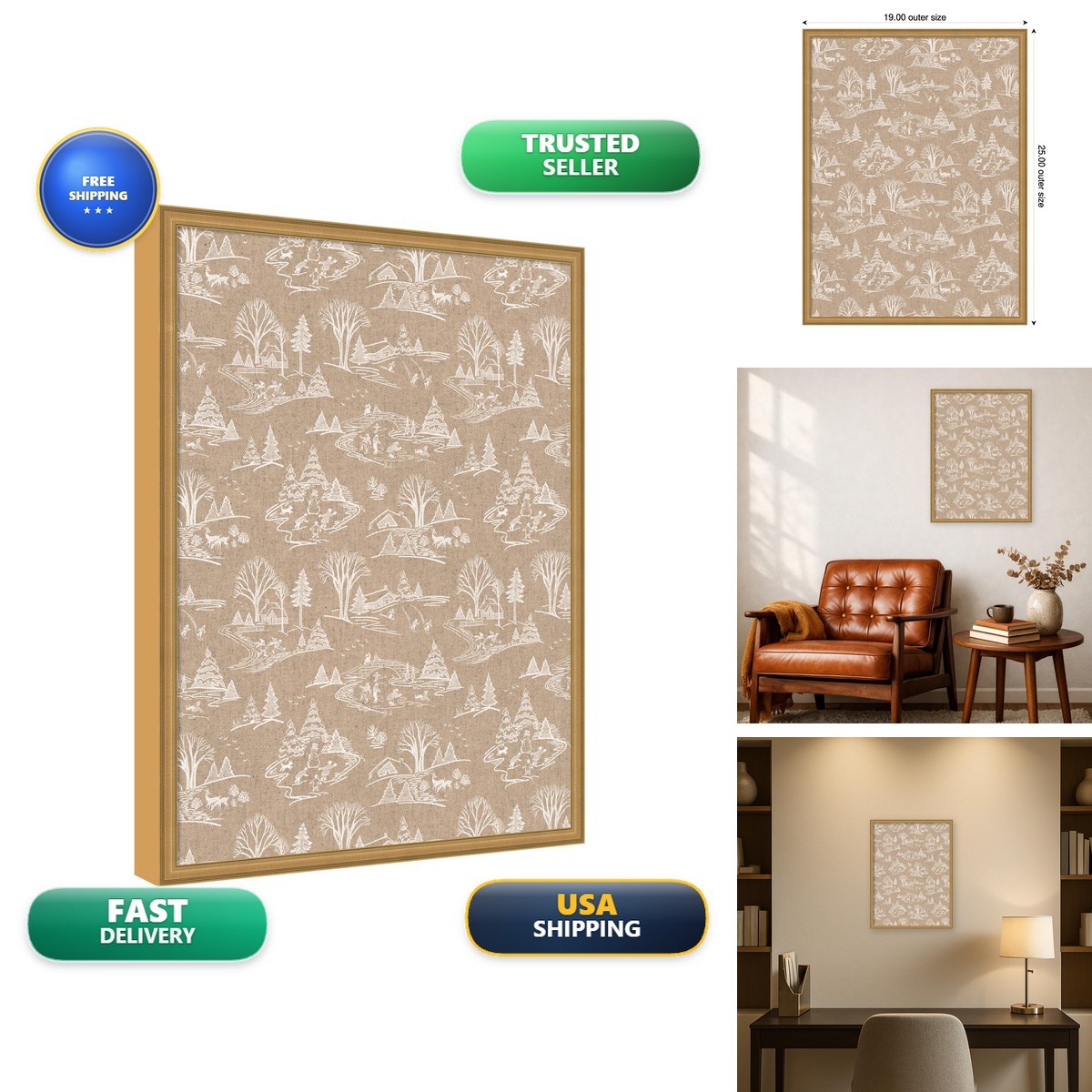 Kate and Laurel Framed Magnetic Board 19x25 Christmas White Toile