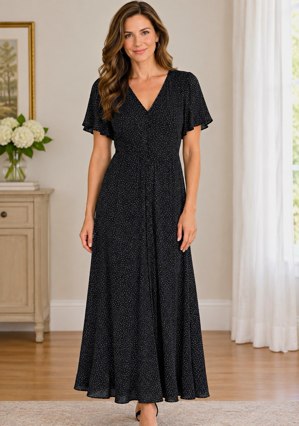 Express Women’s Size L Black White Polka Dot Maxi V-Neck Flutter Button Front