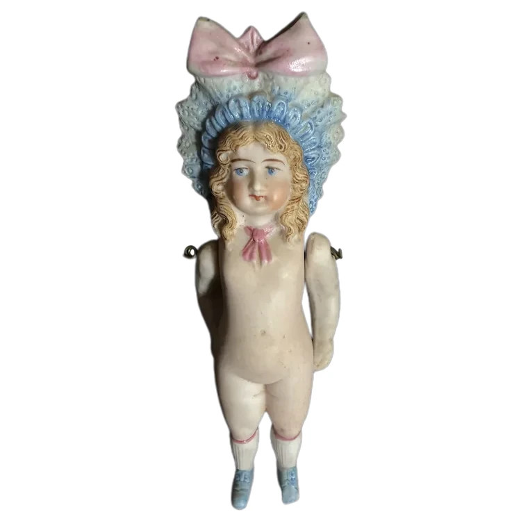 Antique German Fancy All Bisque Doll Bonnet Head Dollhouse