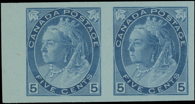 1899, CANADA-QUEEN VICTORIA NUMERAL 5C BLUE, L. MARGIN HORIZ IMPERF. PAIR, U.#79