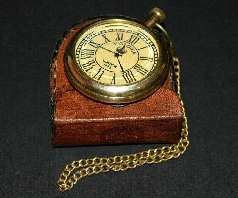 vintage Antique Brass Pocket watch Victoria 1875 with Leather Box Occasion Gift
