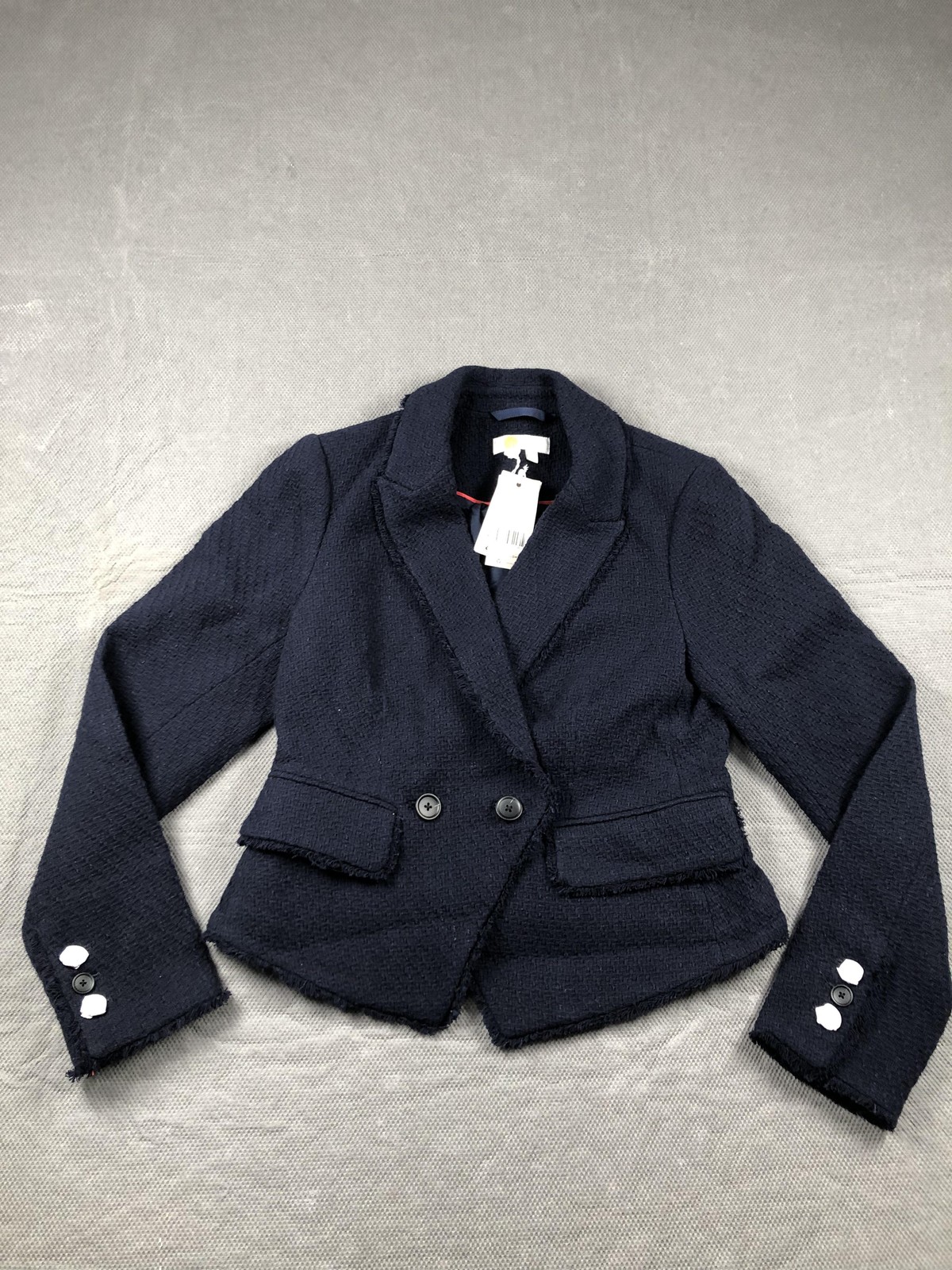 Boden Blazer Womens 8 Navy Tweed Fringe Cropped Short Lined Button Front NWT