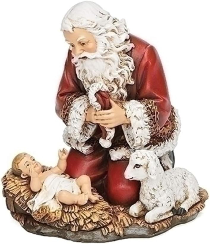 633312 Kneeling Santa Holding Hat with Baby and Lamb Figurine, 5 inch, Multicolo