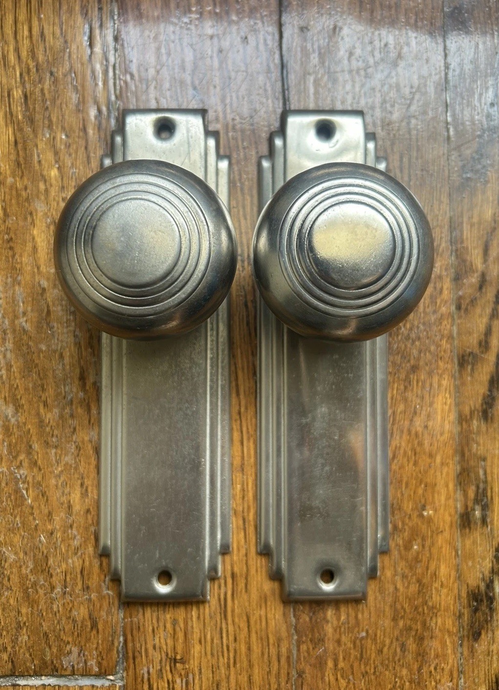 Vintage Chrome Art Deco Doorknobs & Backplates Latch Set Midcentury Hardware