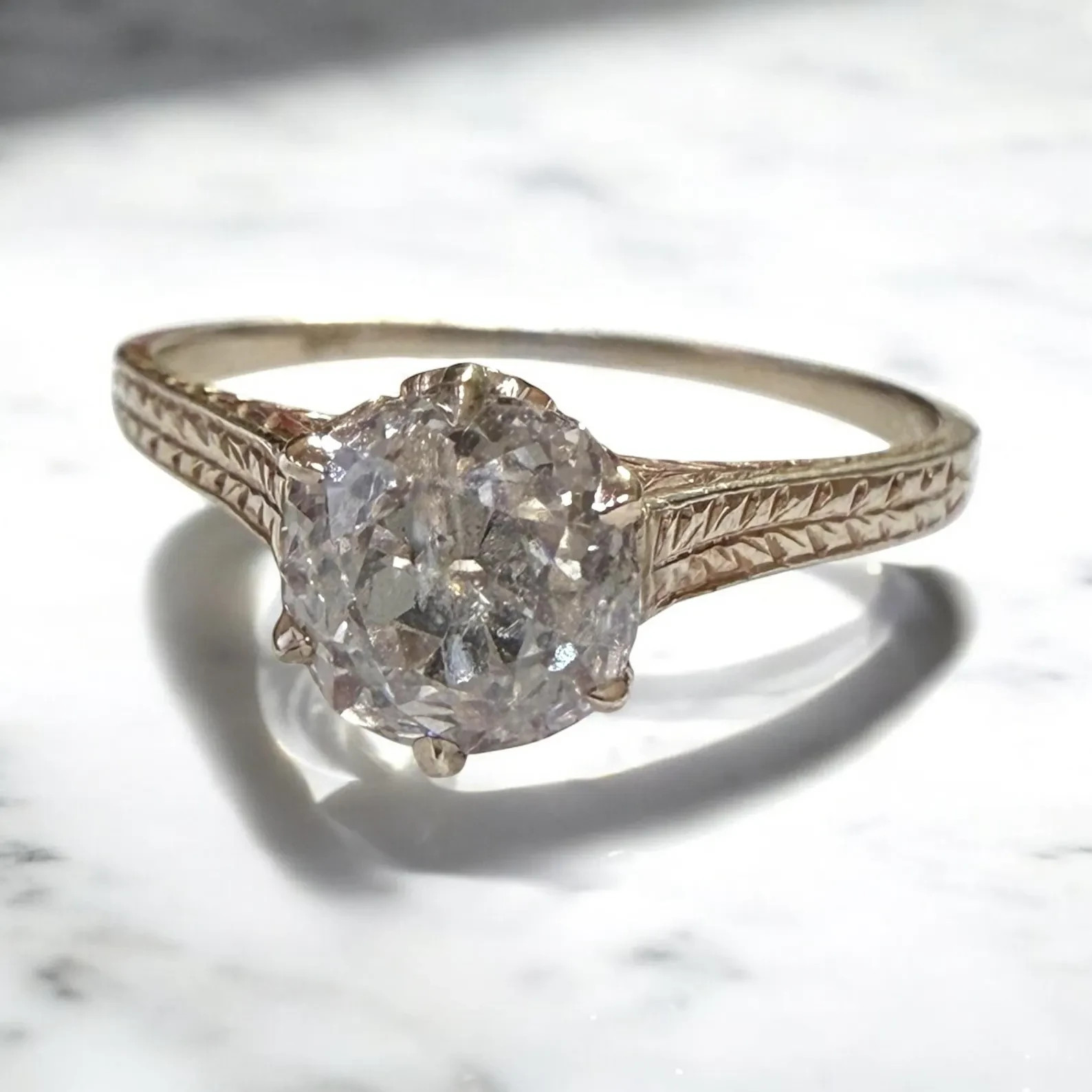 Vintage Art Deco 1ct Old Mine Cut Lab Grown Diamond Engagement Ring 14k Gold