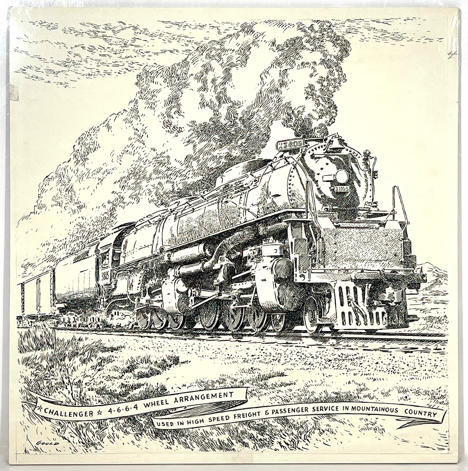 John Gould (1906-1996) Signed Ink Illustration Challenger High Speed Locomotive
