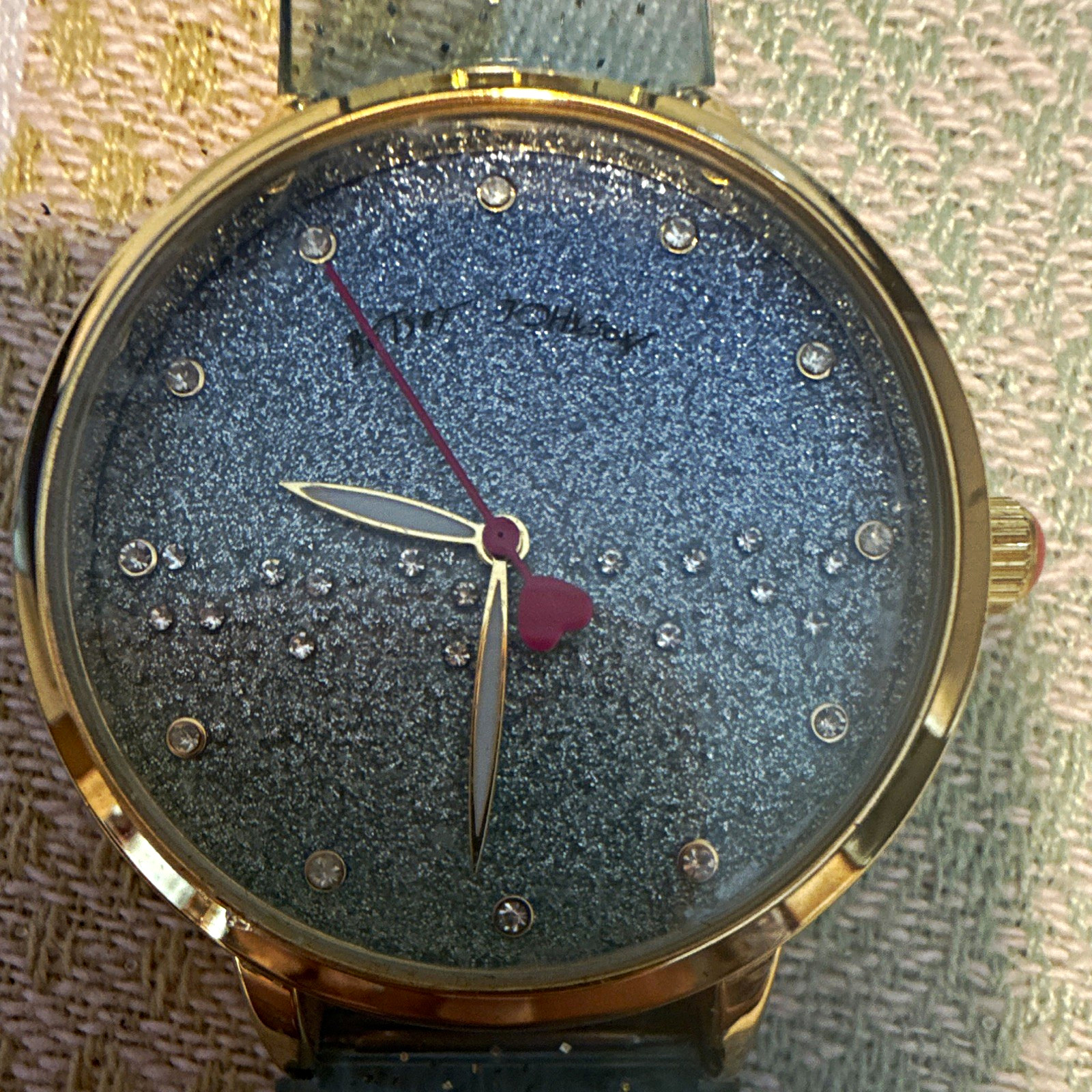 Betsey Johnson Women’s Quartz Analog Watch Blue Glitter Dial Gold Case Strap