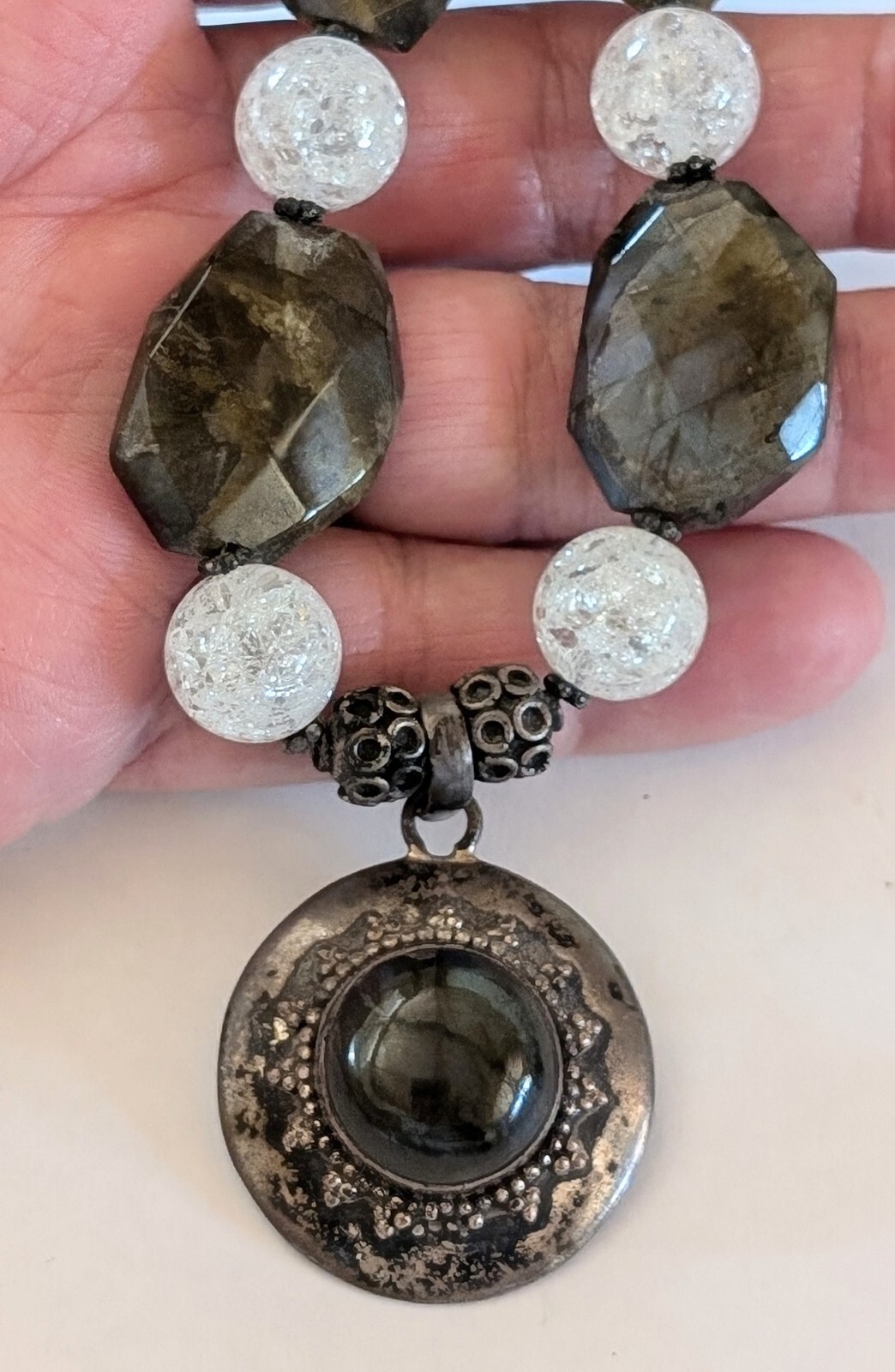 Vtg Sterling Silver Labradorite Crackle Glass Amulet Beaded 22\