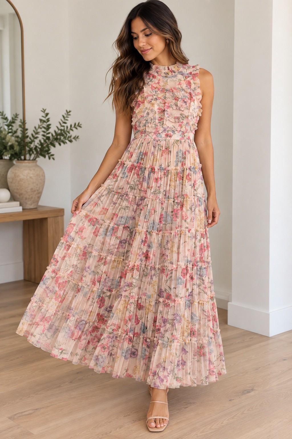 NWOT Sundance Catalog “Let Me Be Jenny Dress” Floral Tiered Mesh Maxi Gown, Sz S