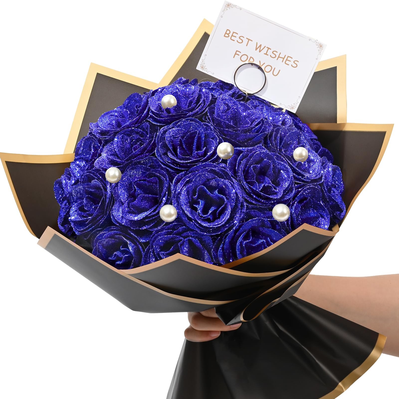Waipfaru Blue Glitter Roses Bouquet, DIY Fake Flowers Bouquet Waipfaru Blue Glitter Roses Bouquet, DIY Fake Flowers Bouquet