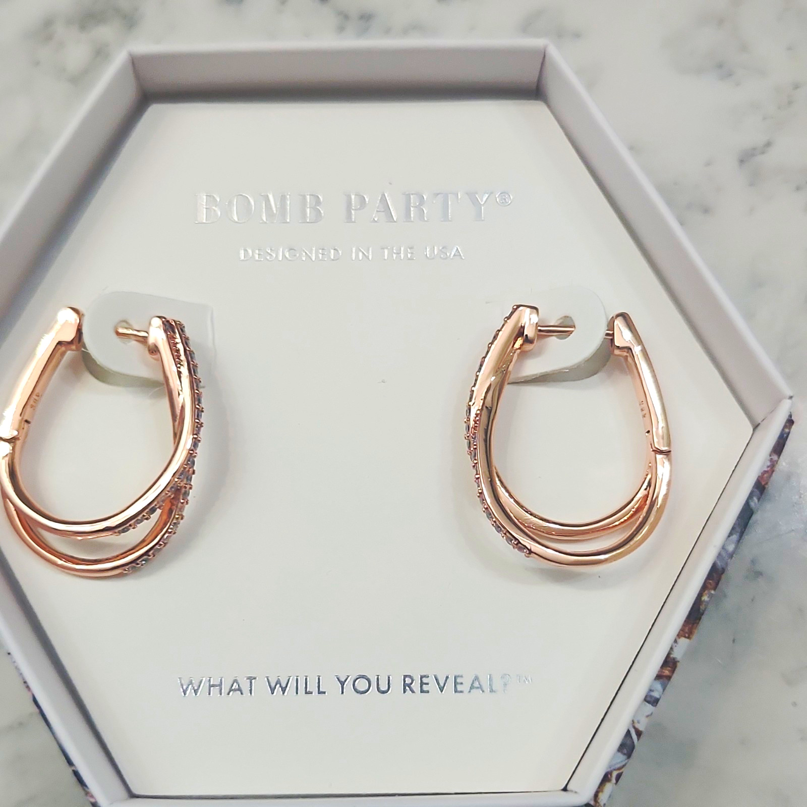 Bomb Party Beautiful as Can Be Rose Gold Plated White CZ Hoop Earrings RBP5911