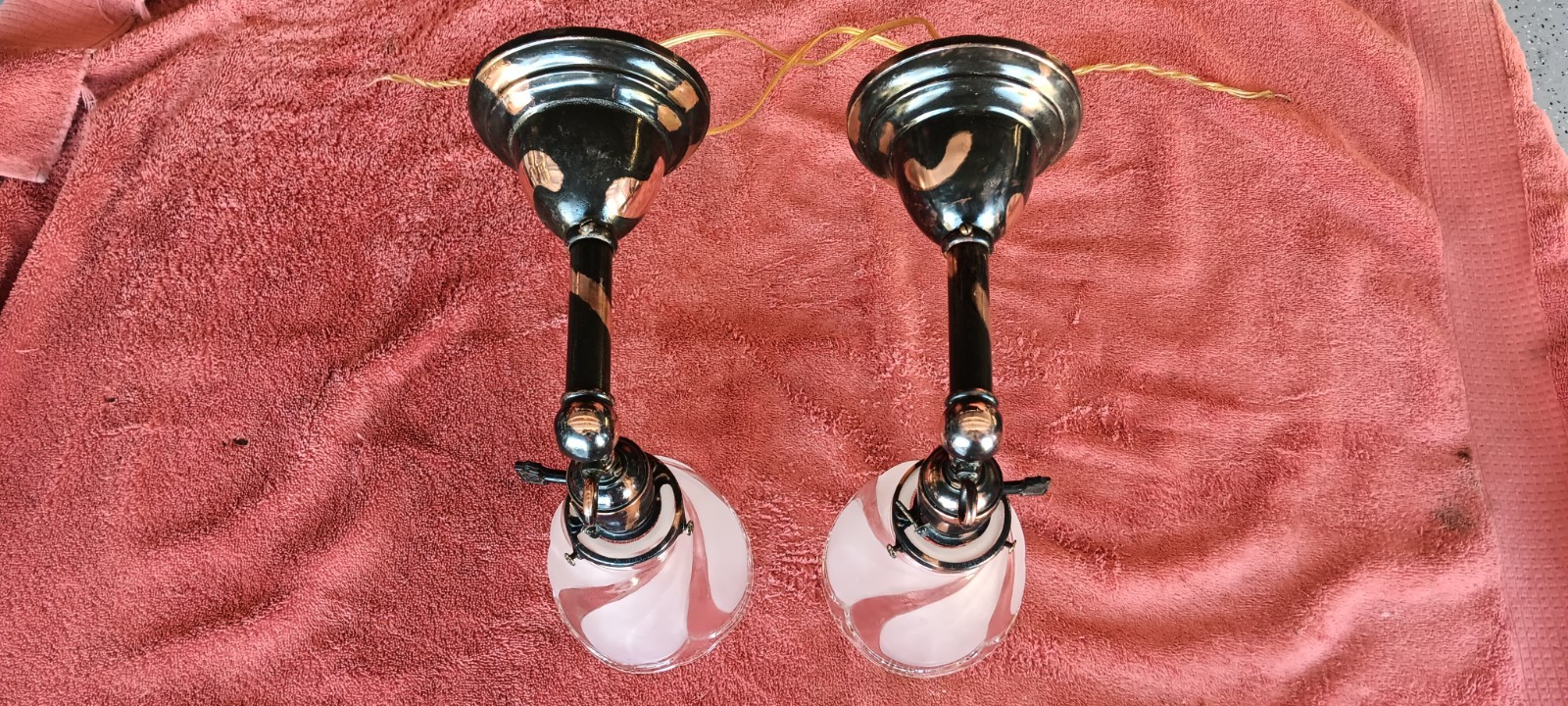 Antique Late 1900s Mission / Arts & Crafts Copper Flashed Light Wall Sconces