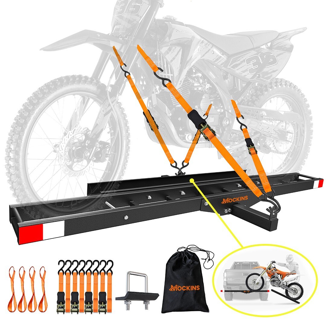 Mockins Black Hitch Mounted Motorcycle Carrier 73” Ramp & Anti-Tilt Feature