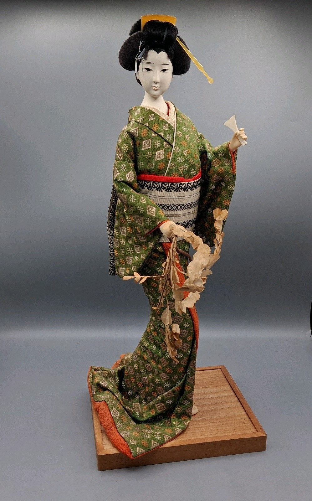 Vintage Authentic Japanese Nishi Geisha Doll in Green Kimono 18\ Vintage Authentic Japanese Nishi Geisha Doll in Green Kimono 18\