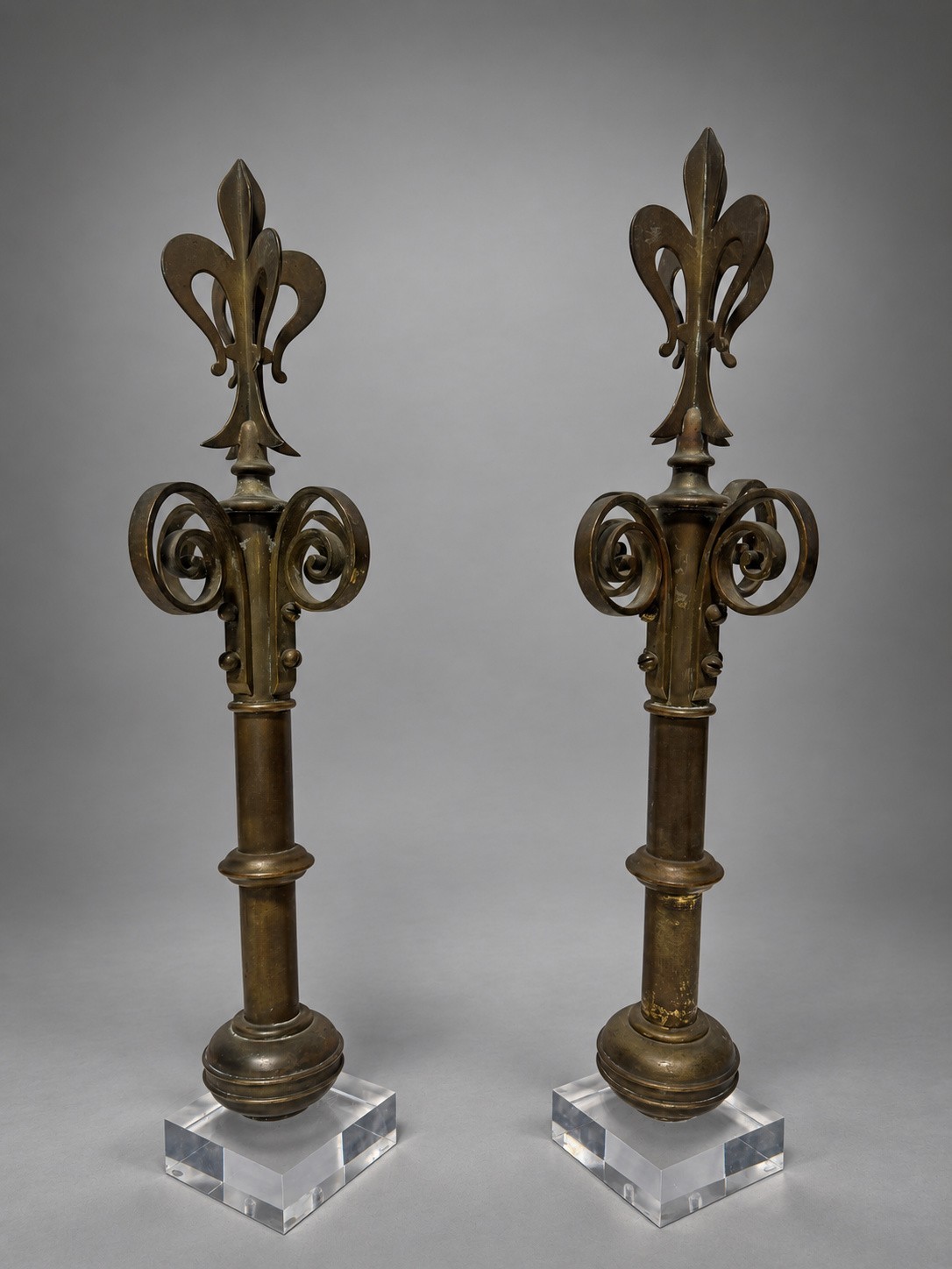 Pair of 19th C, French Brass Fleur-de-Lis Gate Post Finials on Lucite Bases