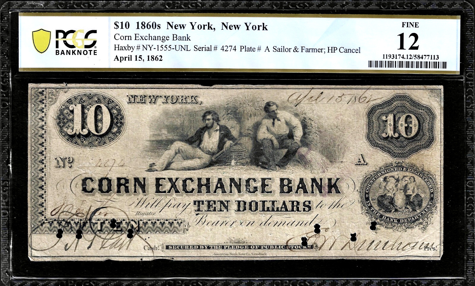 April 15, 1862 New York Corn Exchange Bank $10 Obsolete Banknote Note PCGS F12