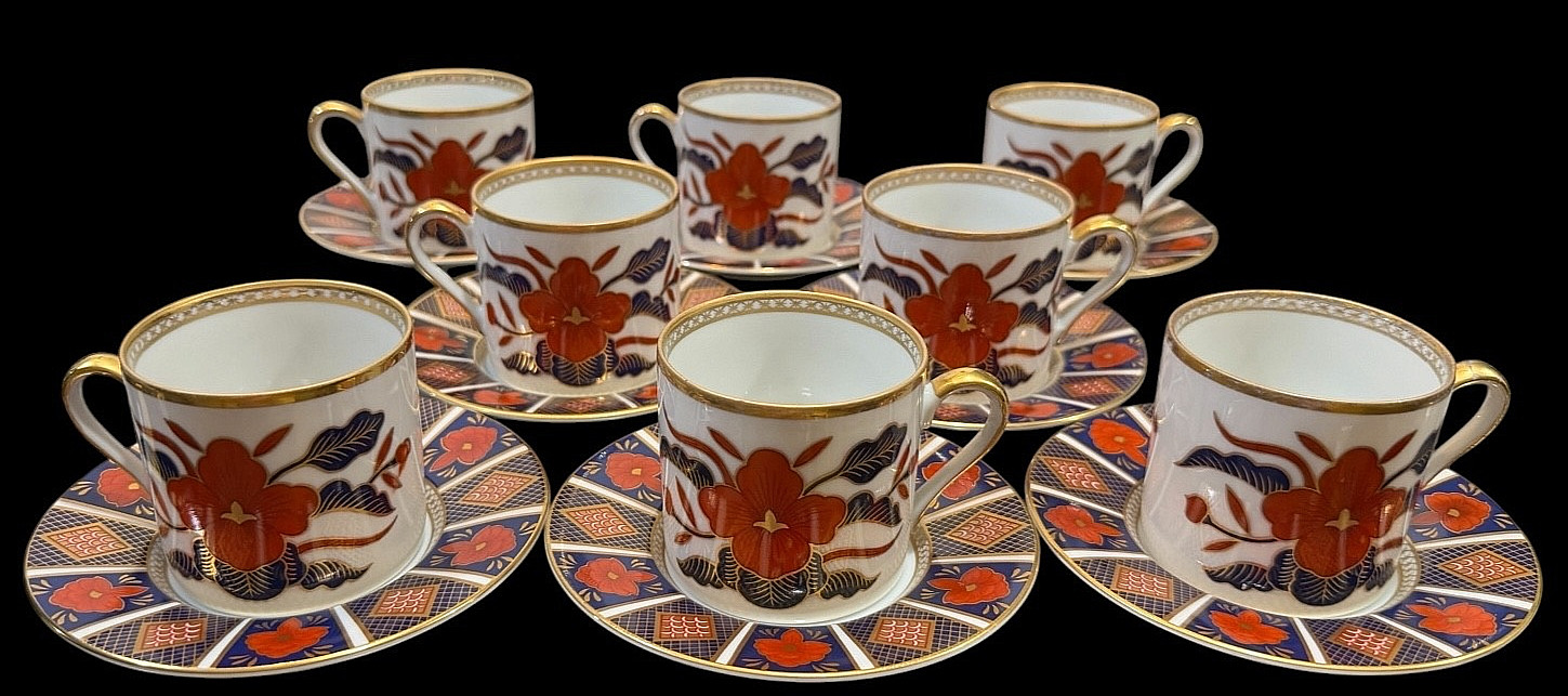 FITZ & FLOYD PORCELAIN EMPRESS PATTERN IMARI DEMITASSE CUPS & SAUCERS SET OF 8