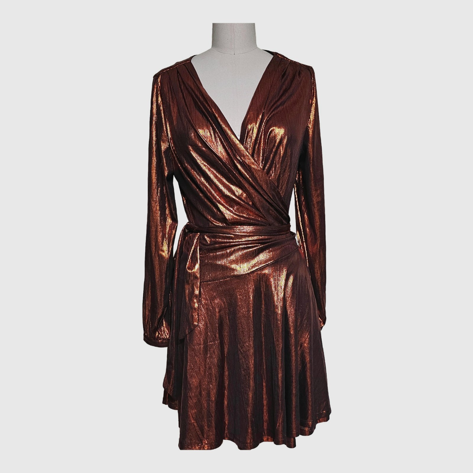 Beulah Style Metallic Bronze Wrap Dress V-Neck Long Sleeve Belted Tie L Beulah Style Metallic Bronze Wrap Dress V-Neck Long Sleeve Belted Tie L