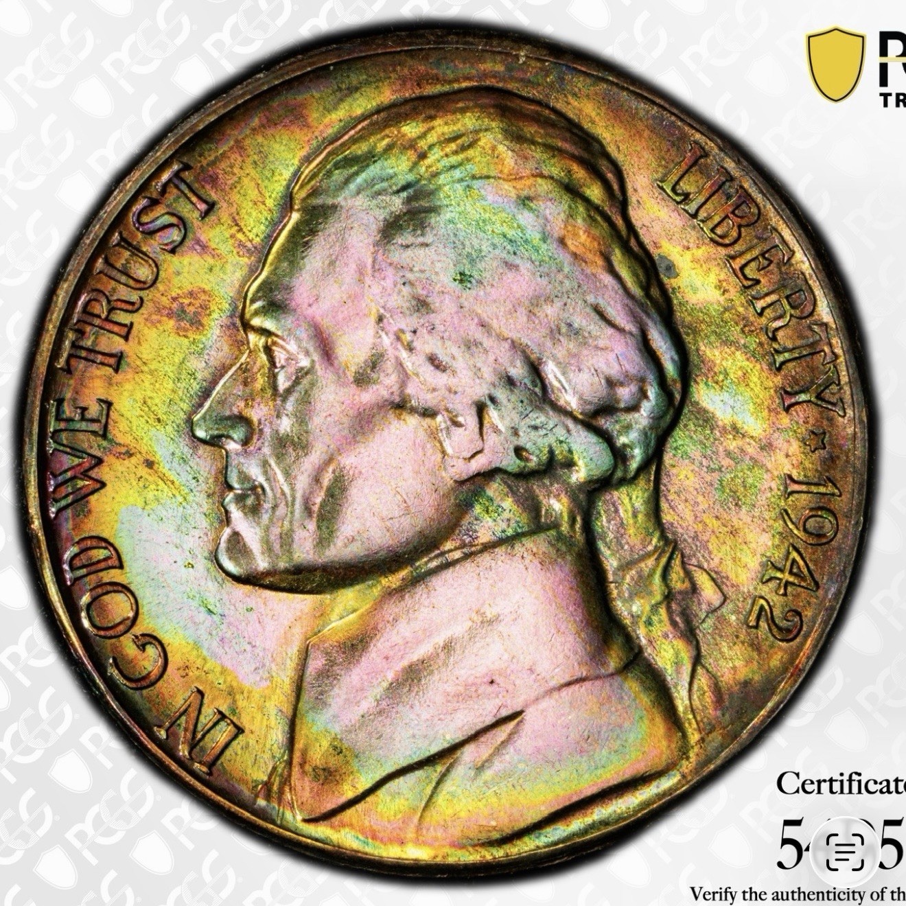 PCGS MS65 LUSTER INSANE RAINBOW TONING 1942S Jefferson Wartime Silver 5C Nickel