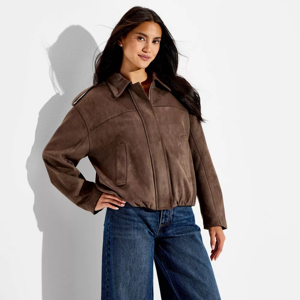 Women\'s Bubble Hem Faux Suede Jacket - Wild Fable Taupe M