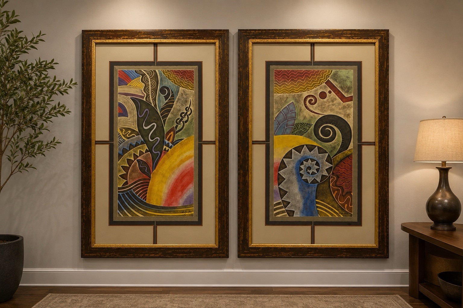 Rare Oversized Signed Contemporary Art Set by Kukjin Han – Framed