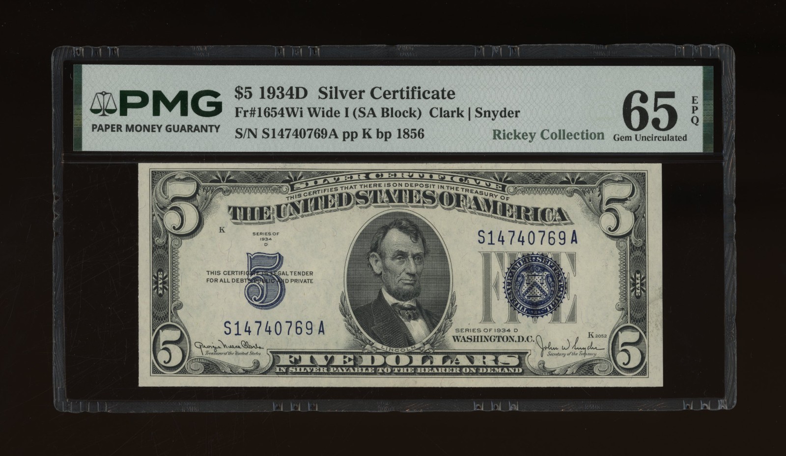 DBR 1934-D $5 Silver Gem Fr. 1654Wi Wide I SA Block PMG 65 EPQ Serial S14740769A DBR 1934-D $5 Silver Gem Fr. 1654Wi Wide I SA Block PMG 65 EPQ Serial S14740769A
