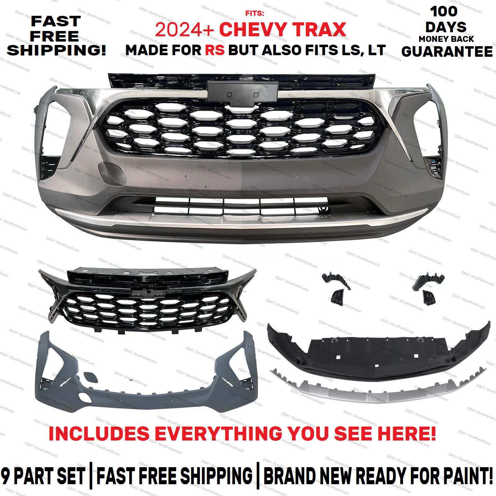 Front Bumper Cover For Chevy Trax RS LS LT 2024 2025 upper lower grill
