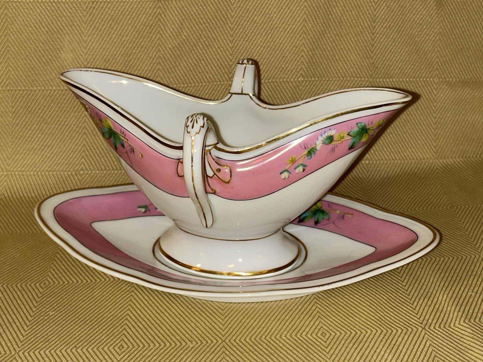Antique CH Field Haviland Limoges France Gravy Boat & Underplate Pink Floral VG+