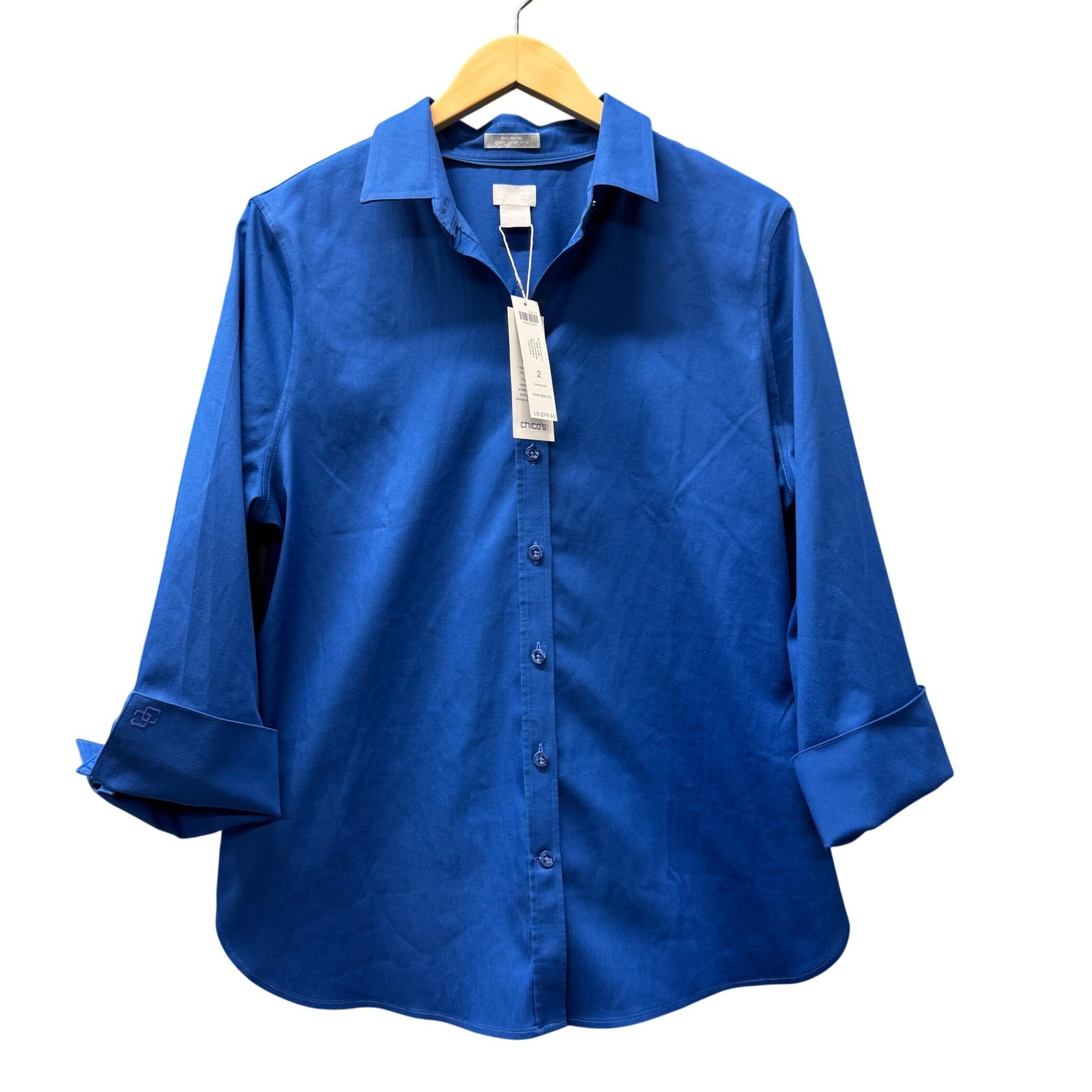 Chico\'s Button Up Shirt Womens Large No Iron Stretch Belladonna Blue Coastal NEW