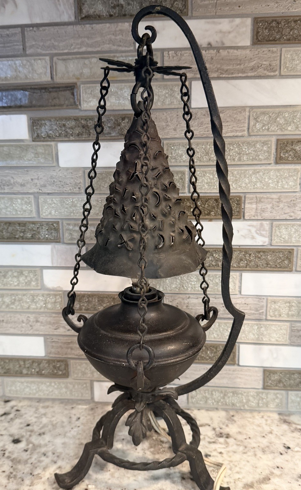 RARE Antique 1920s Spanish Revival Wrought Iron Table Lantern Flickering Collect RARE Antique 1920s Spanish Revival Wrought Iron Table Lantern Flickering Collect
