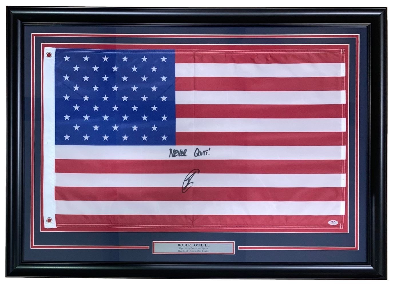 Robert O\'Neill Signed Framed American Flag 34x46 Never Quit Inscribed PSA ITP